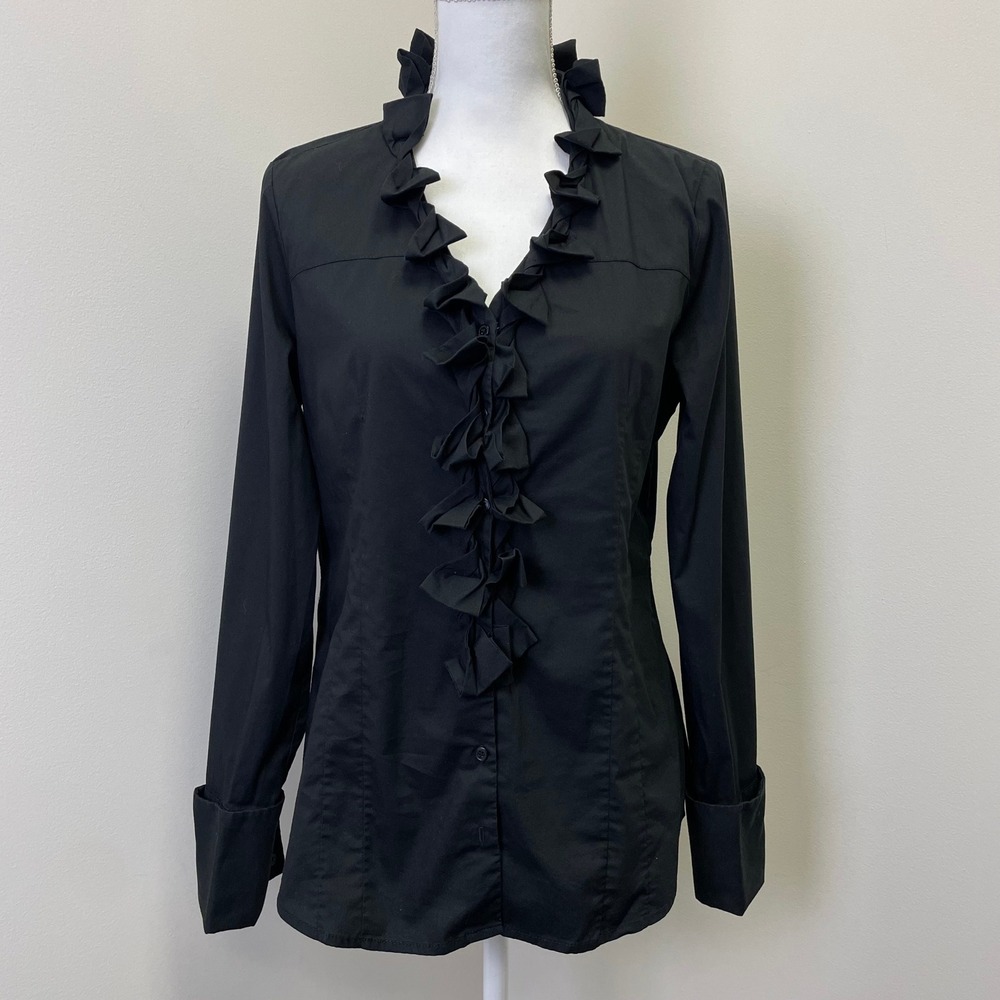 Y2K Express Design Studio Black Ruffle V-Neck Button Down Blouse L French Cuffs